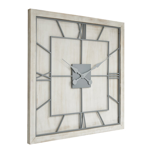Square wall clock with a white-washed wooden frame, light grey Roman numerals, and an open skeleton face for architectural interest.