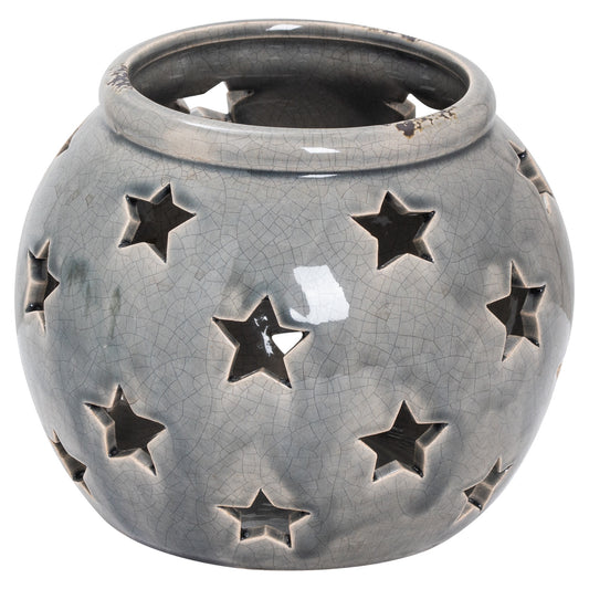 Red ceramic lantern with an intricate star pattern, featuring a distressed grey glaze that casts beautiful shadows, enhancing ambiance.