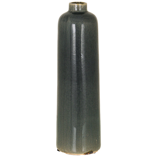 Tall, slender vase with a distressed grey glazed finish, featuring subtle variations and a refined, artisanal design.