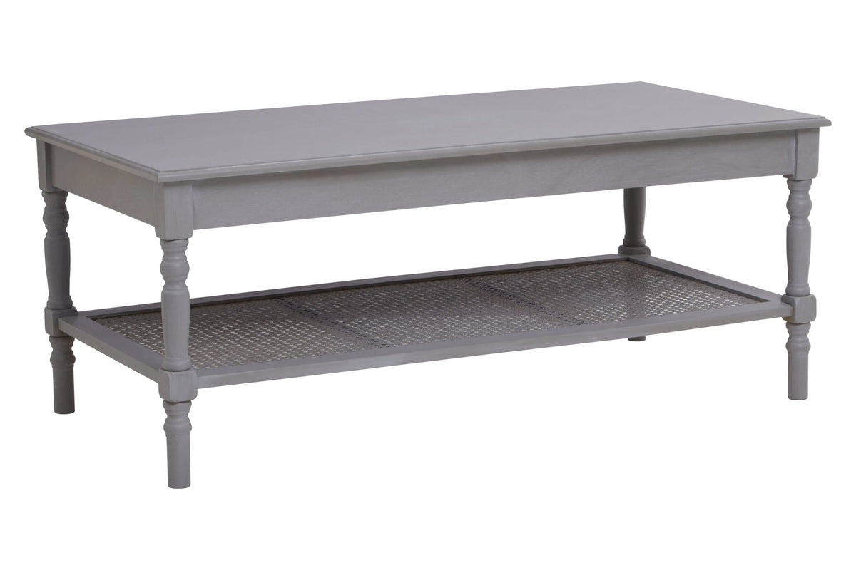 Heirloom Grey Wash Wooden Coffee Table with Rattan Shelf