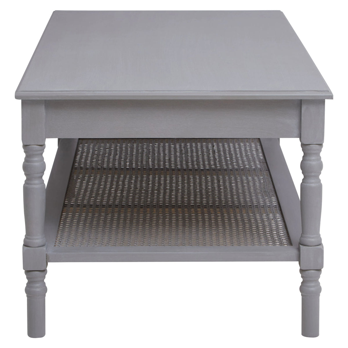 Heirloom Grey Wash Wooden Coffee Table with Rattan Shelf