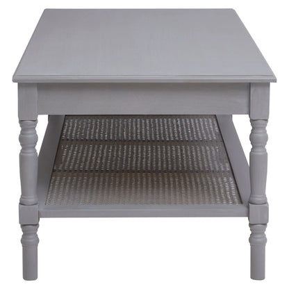Heirloom Grey Wash Wooden Coffee Table with Rattan Shelf