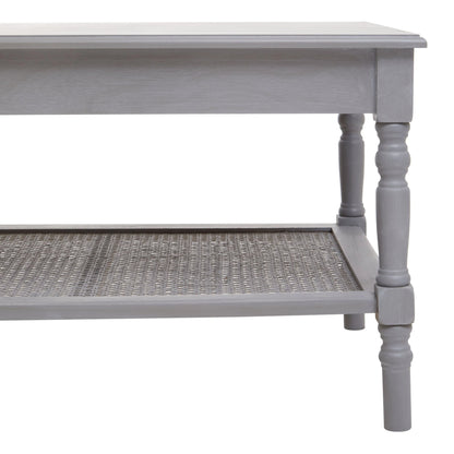 Heirloom Grey Wash Wooden Coffee Table with Rattan Shelf
