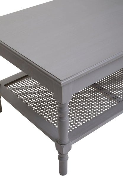 Heirloom Grey Wash Wooden Coffee Table with Rattan Shelf