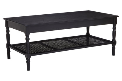 Heirloom Black Wooden Coffee Table with Rattan Shelf