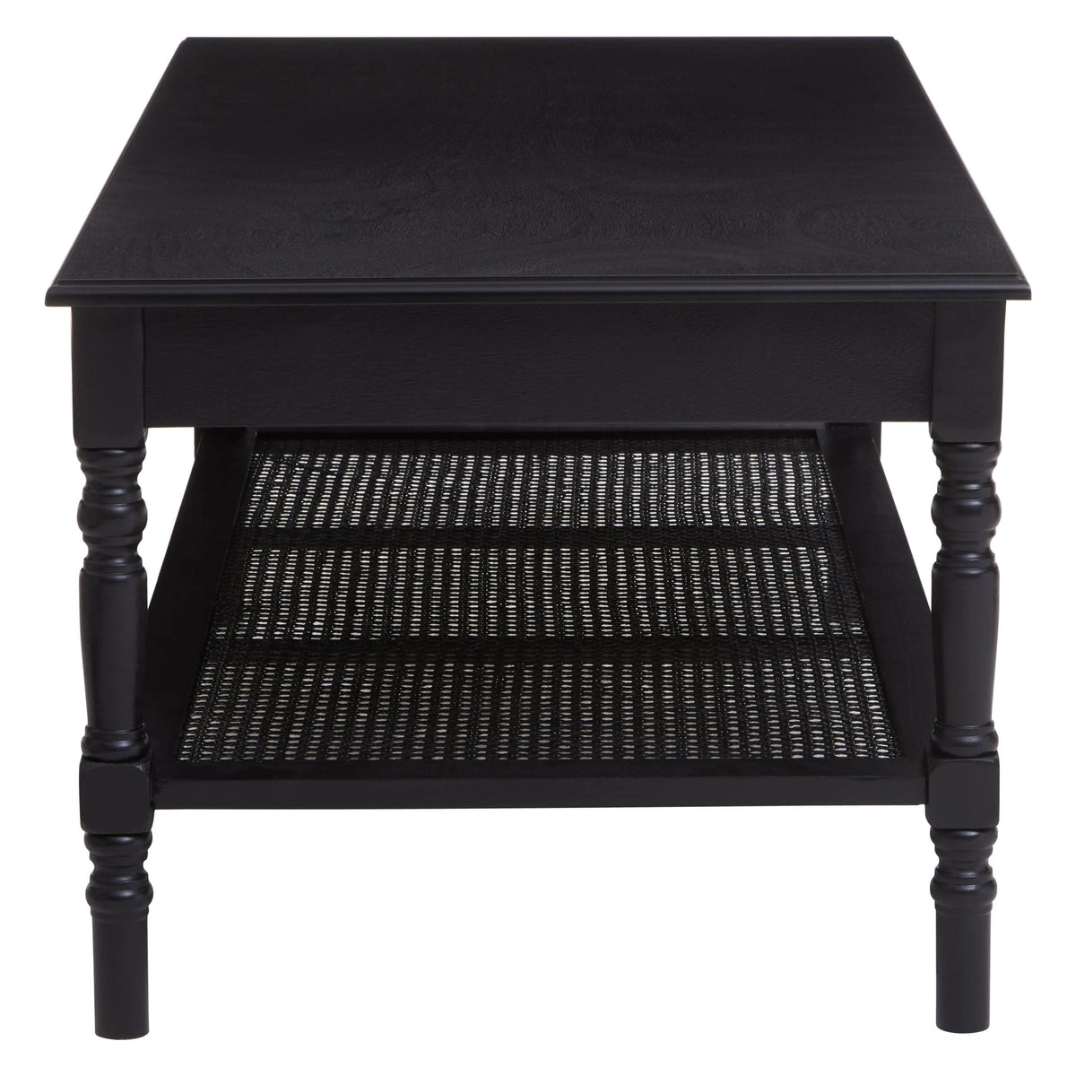 Heirloom Black Wooden Coffee Table with Rattan Shelf