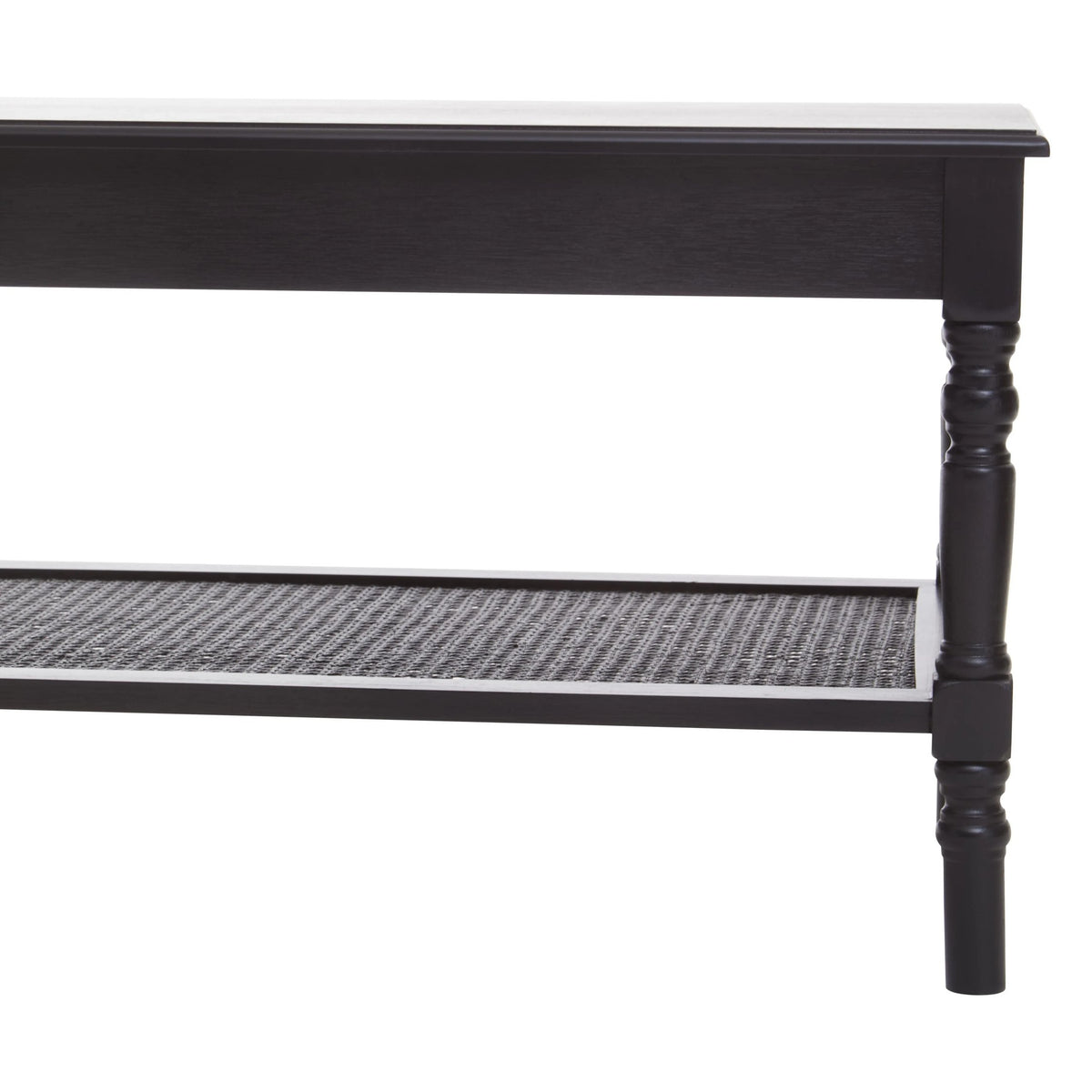Heirloom Black Wooden Coffee Table with Rattan Shelf