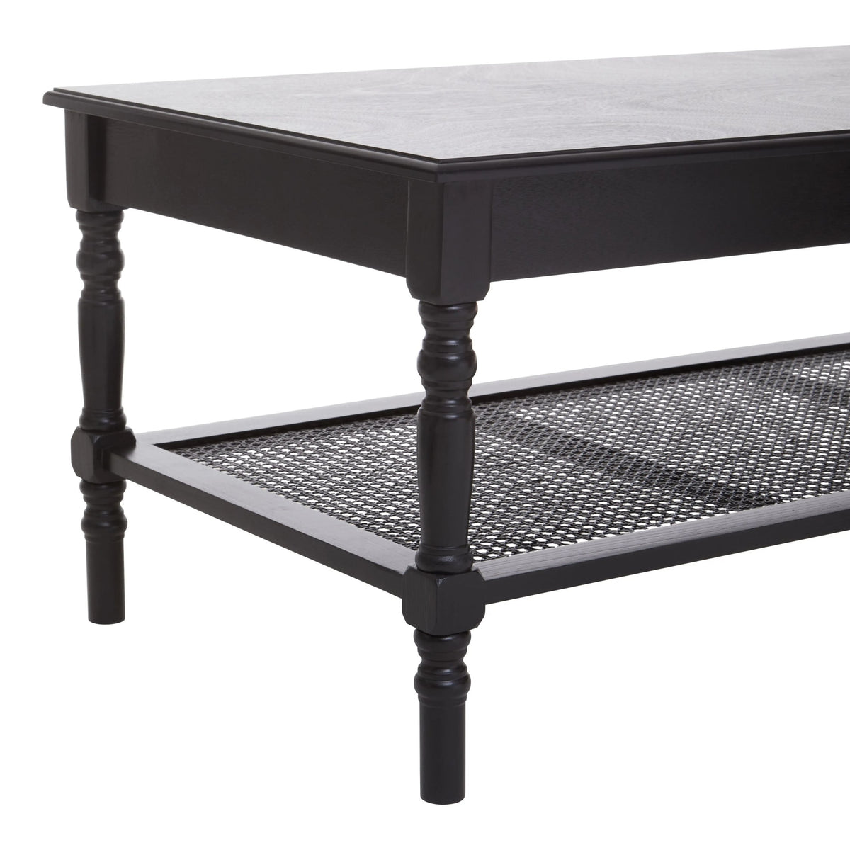 Heirloom Black Wooden Coffee Table with Rattan Shelf