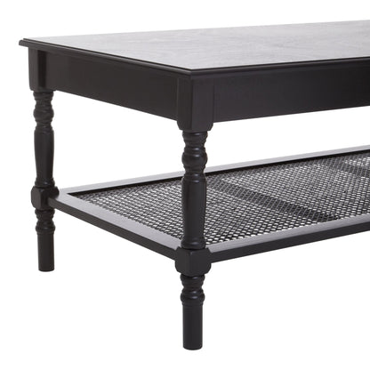 Heirloom Black Wooden Coffee Table with Rattan Shelf