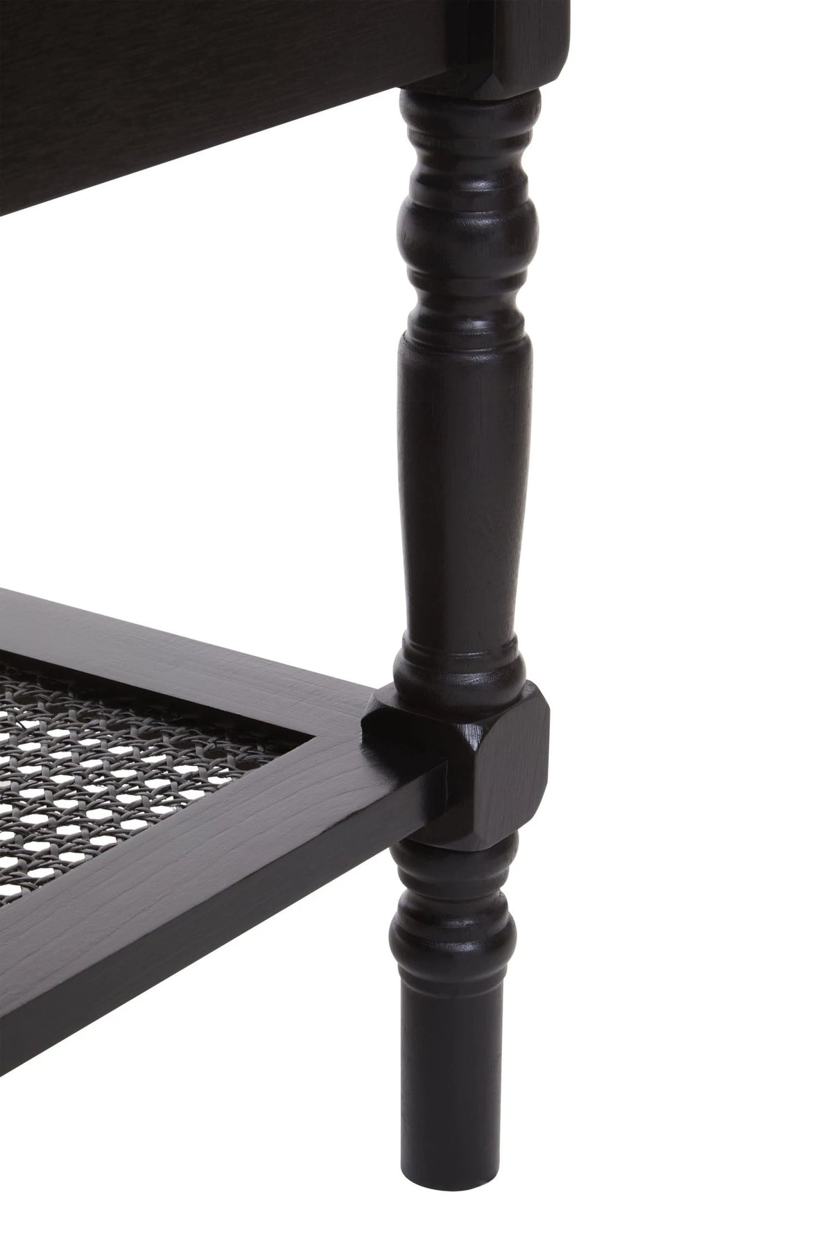 Heirloom Black Wooden Coffee Table with Rattan Shelf