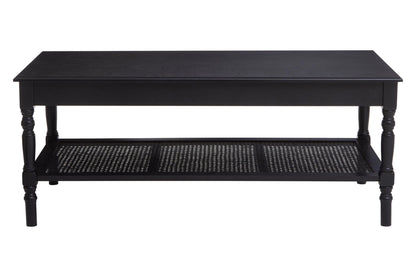 Heirloom Black Wooden Coffee Table with Rattan Shelf