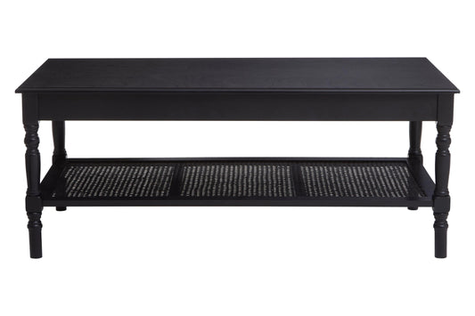 Heirloom Black Wooden Coffee Table with Rattan Shelf