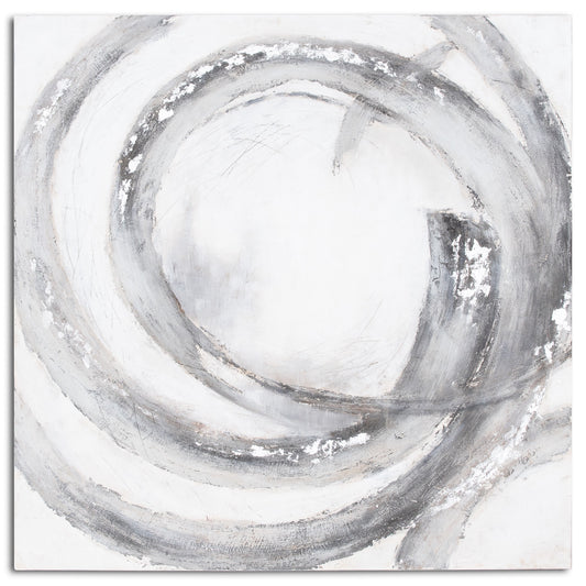 Hand-painted canvas featuring swirling abstract patterns in luxurious silver and grey tones, creating a serene and sophisticated atmosphere.