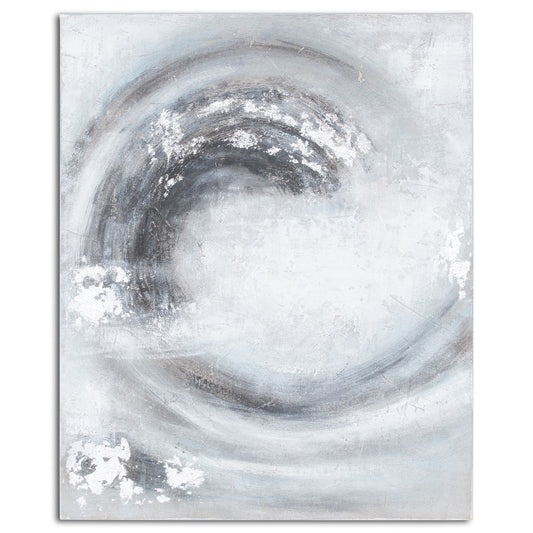 Hand-painted canvas in silver and grey featuring swirling patterns and textured finish, ideal for modern interior decor.