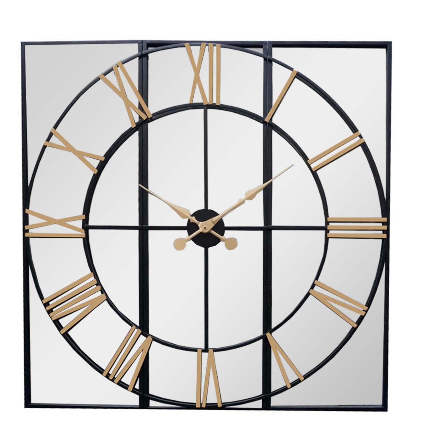 Black and gold wall clock featuring a minimalist design with Roman numerals and reflective accents for modern elegance.