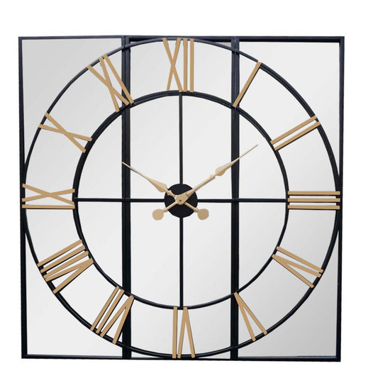 Black and gold wall clock featuring a minimalist design with Roman numerals and reflective accents for modern elegance.