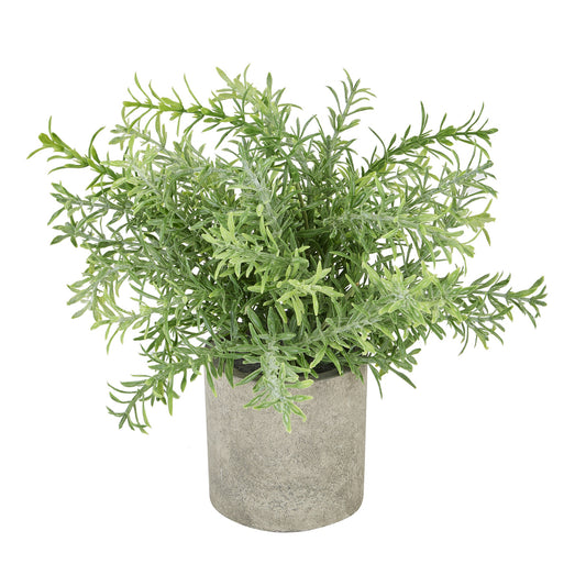 Faux rosemary plant in a modern stone-effect pot, showcasing vibrant green leaves that enhance any decor with elegance.