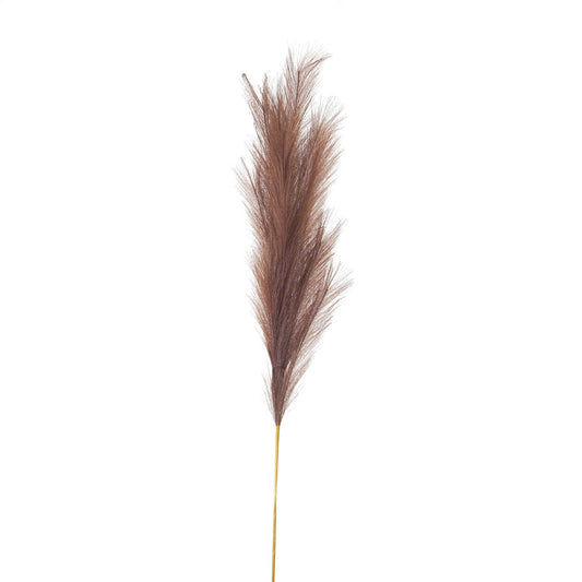 Taupe faux pampas grass stem with delicate, wispy textured fronds, set against a white background, adds elegant charm to decor.