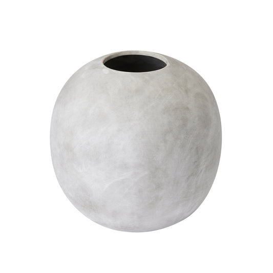 Sleek, modern globe vase in a smooth light gray finish, perfect for displaying faux flowers with elegance.
