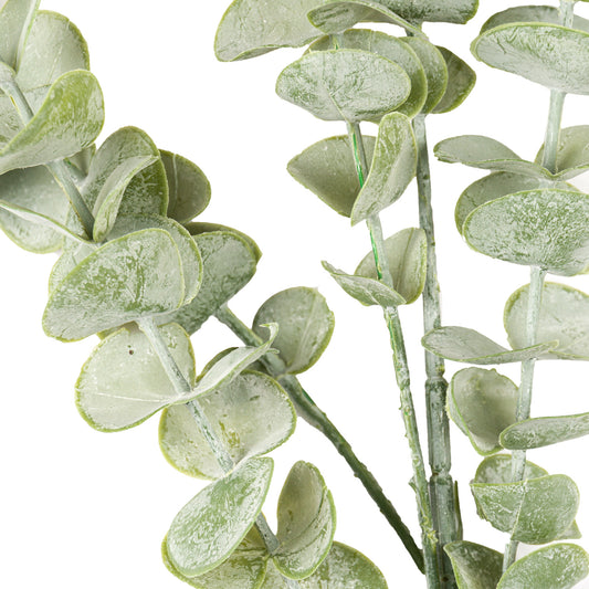 Artificial Gunnii Eucalyptus spray with realistic silver-sage foliage and graceful cascading leaves, ideal for elegant decor.