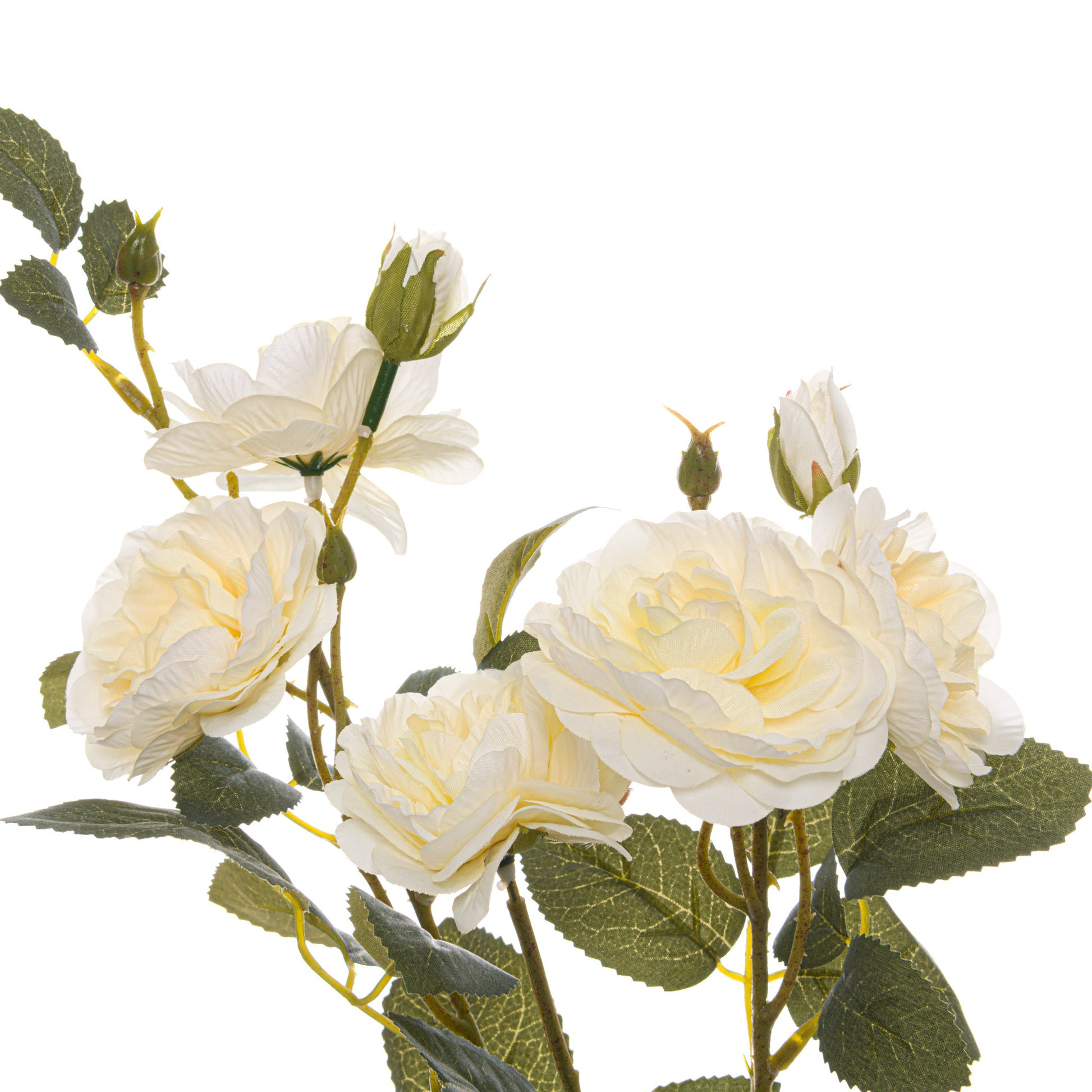Lifelike soft white cottage roses with lush green foliage, perfect for adding elegance to any decor style.