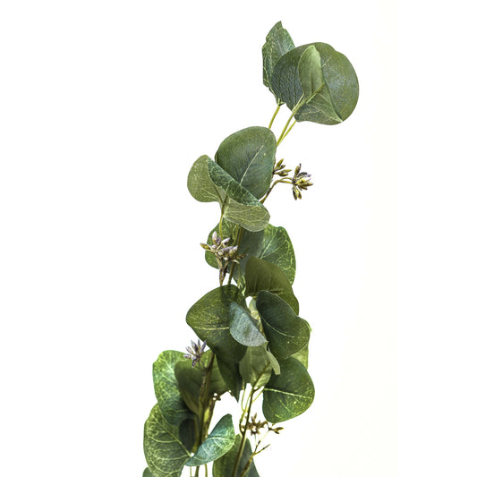 Realistic green eucalyptus stem spray with round leaves and subtle buds, perfect for elegant decor and floral arrangements.