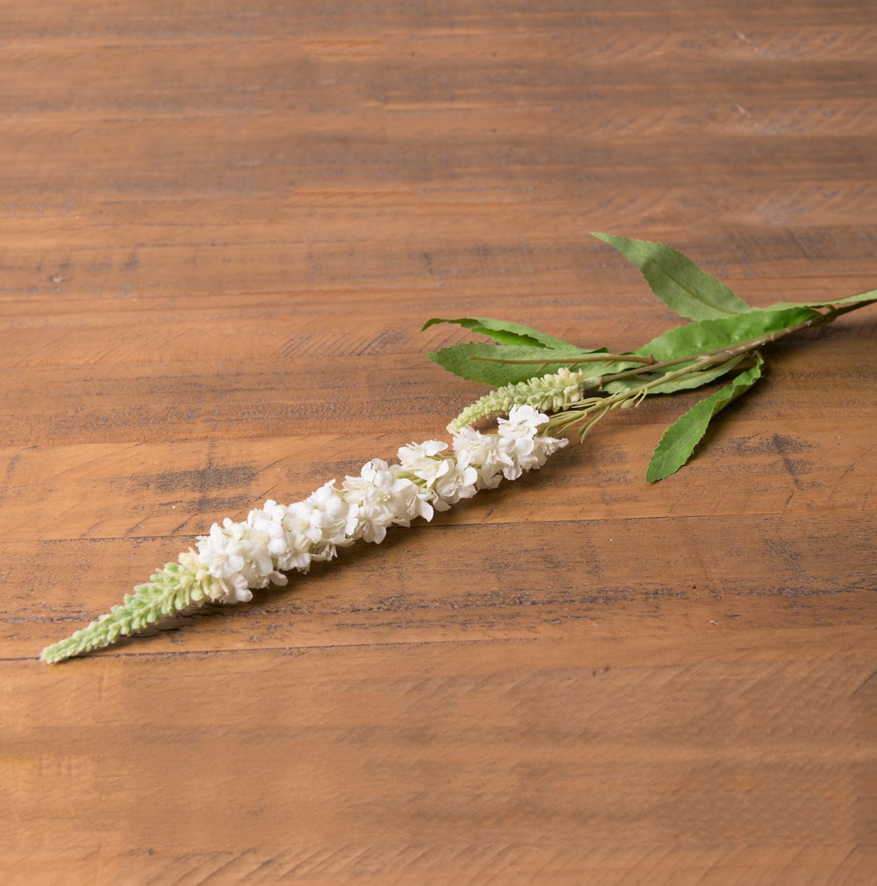 Lifelike white Veronica stem with delicate blossoms and green leaves, resting on a textured wooden surface.