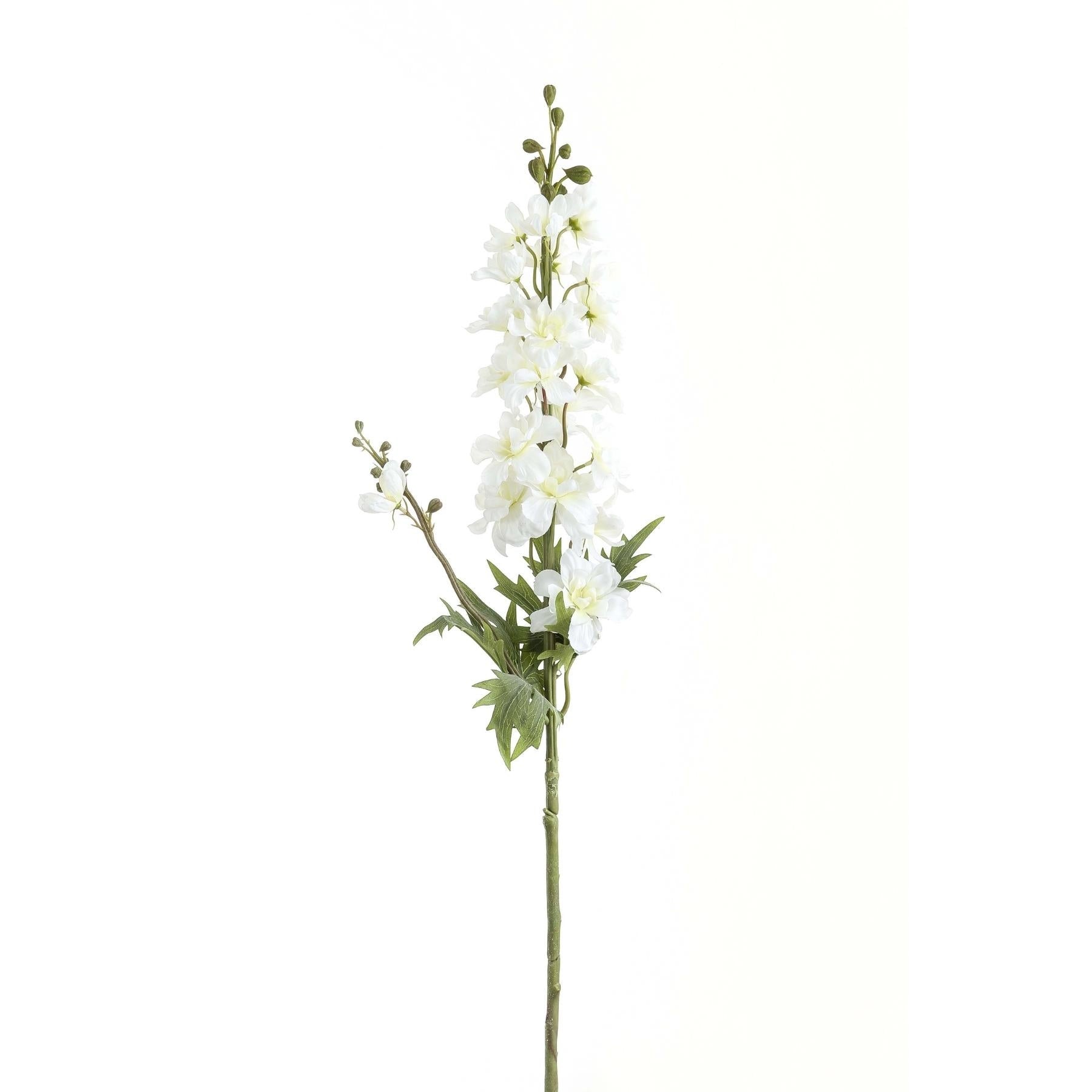 Tall white delphinium stem featuring lifelike florets and green leaves, crafted for elegant arrangements in any decor.