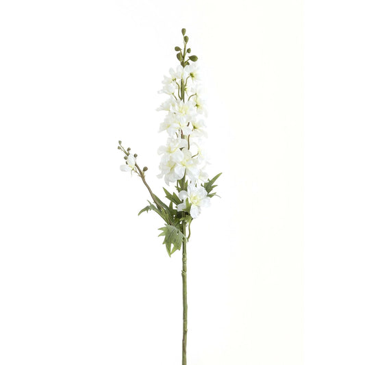 Tall white delphinium stem featuring lifelike florets and green leaves, crafted for elegant arrangements in any decor.