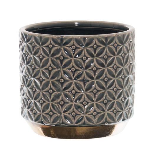 Mediterranean-inspired ceramic planter with a textured floral pattern, dark gray finish, and a metallic gold base.