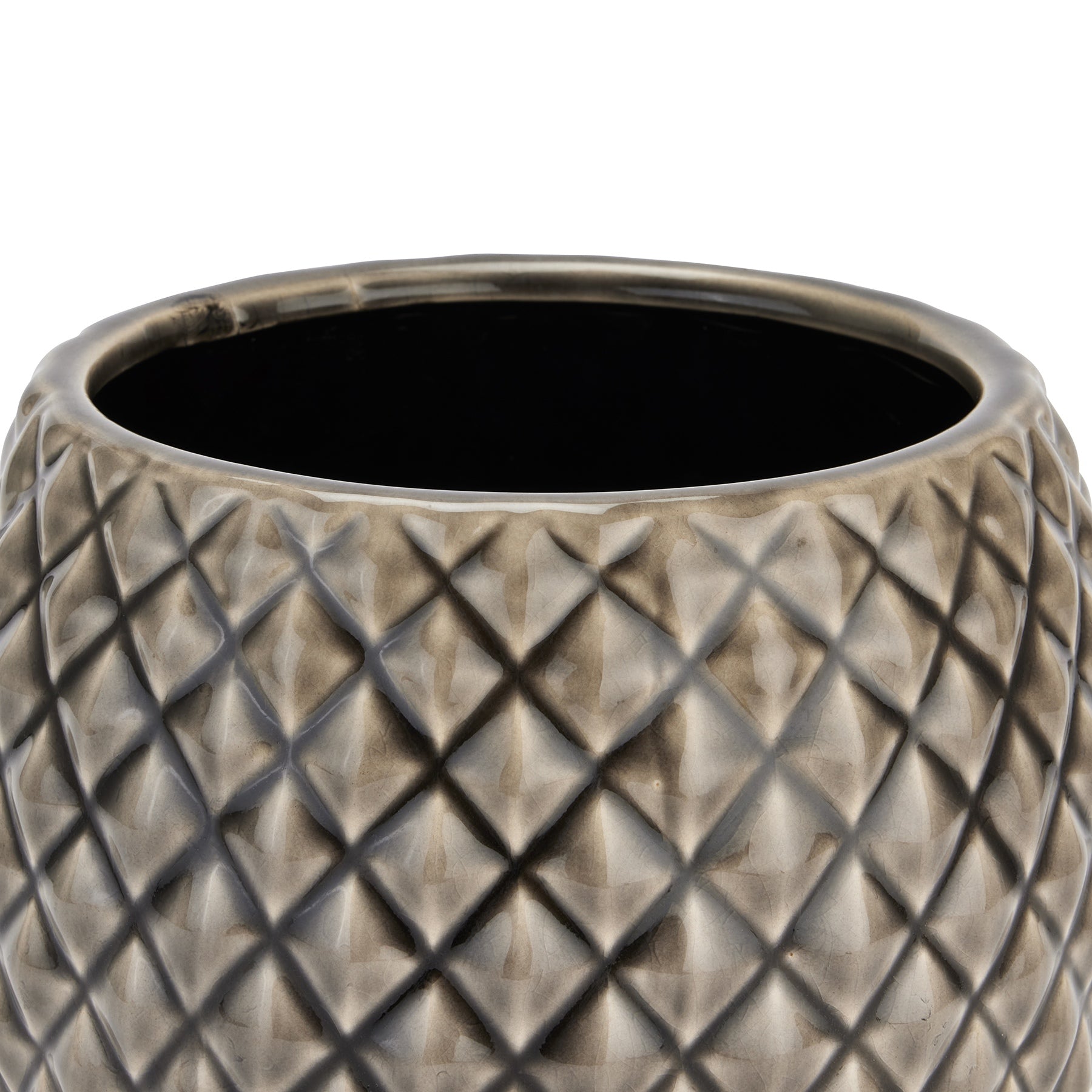 Grey diamond-patterned planter with a textured finish, featuring a sleek, modern design and a black interior.