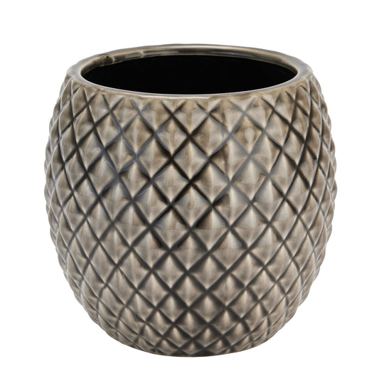 Grey diamond-patterned planter with a glossy finish, designed for sophisticated indoor decor, featuring geometric detailing.