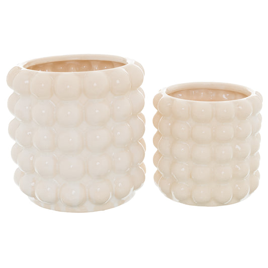 Large ceramic planter set features a cream bubble texture, showcasing an elegant glaze perfect for any decor.