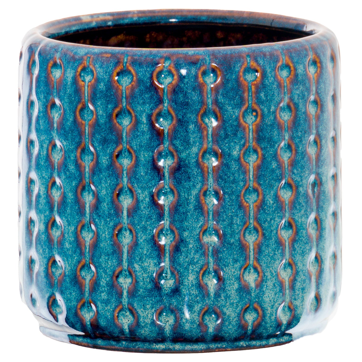 Indigo planter with a textured design, featuring a glossy finish and rich blue tones accented with warm undertones, ideal for stylish interiors.