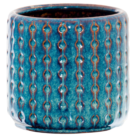 Indigo planter with a textured design, featuring a glossy finish and rich blue tones accented with warm undertones, ideal for stylish interiors.