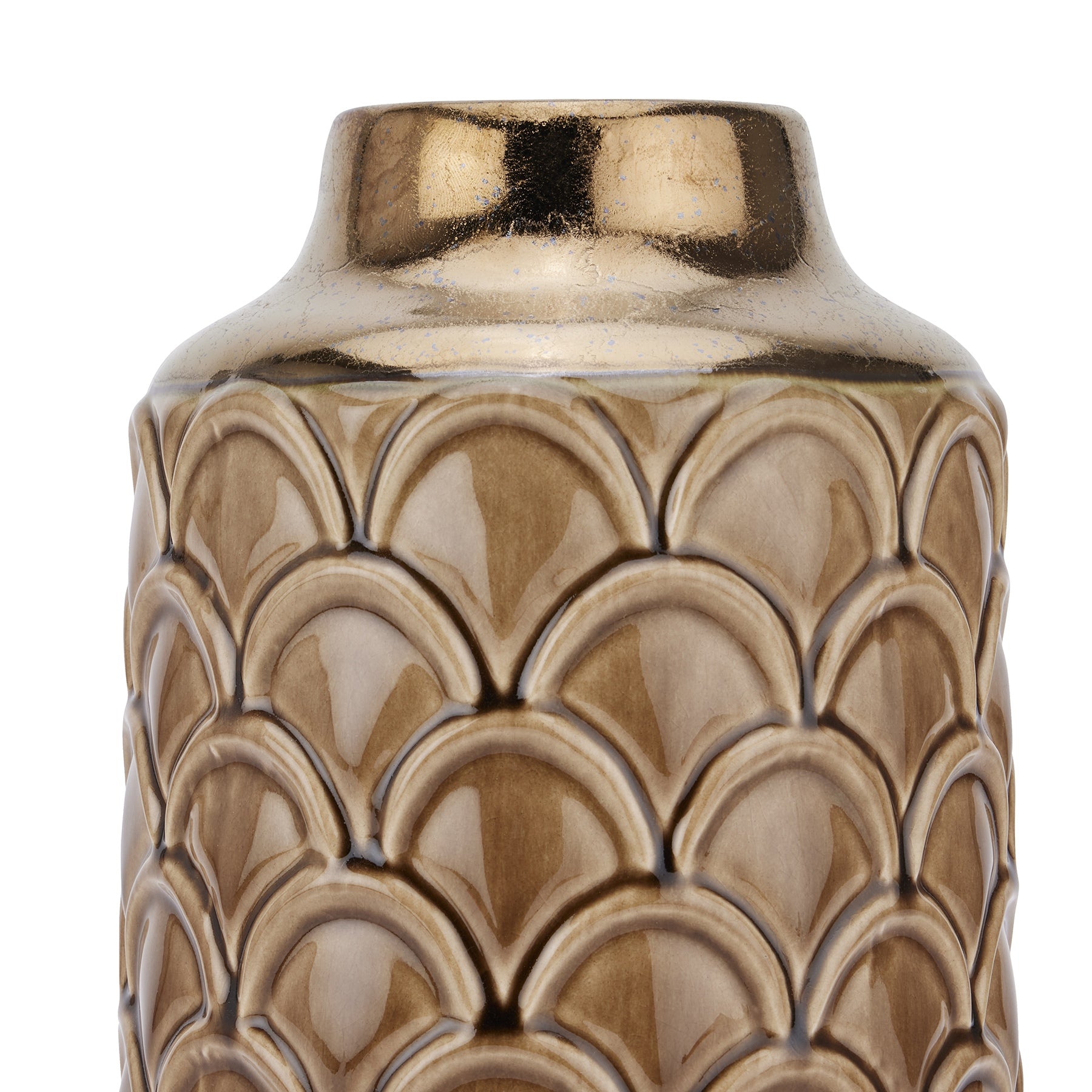 Caramel scalloped ceramic vase with a glossy finish, featuring sculpted texture for elegant floral displays or decoration.