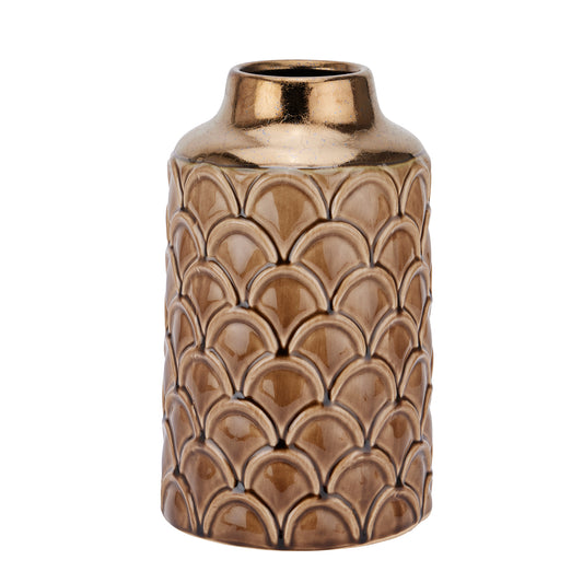 Small caramel ceramic vase with a scalloped pattern, featuring a glossy finish that highlights its elegant texture.
