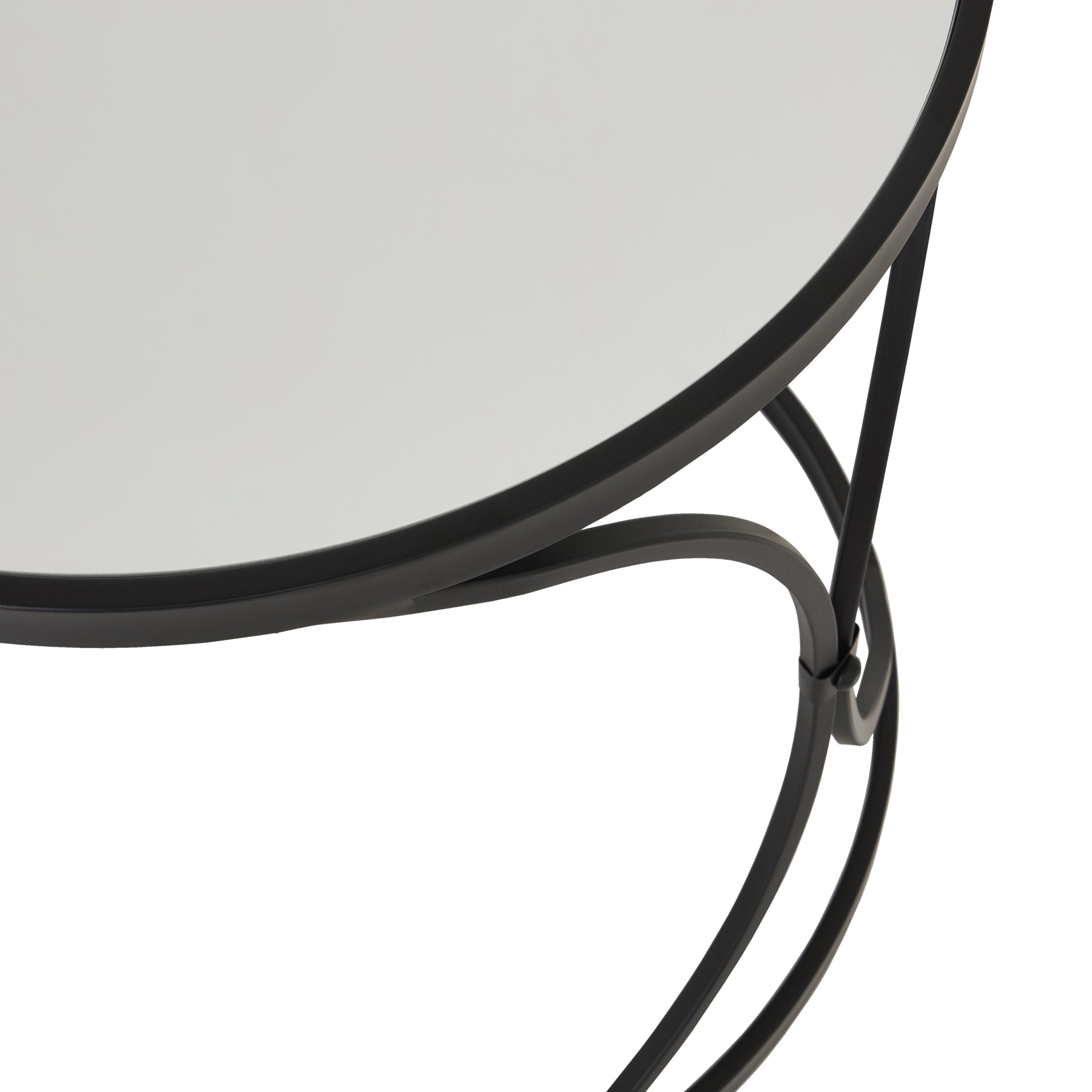 Sleek black mirrored side tables with a minimalist metal frame, creating an illusion of space and elegance, ideal for modern decor.