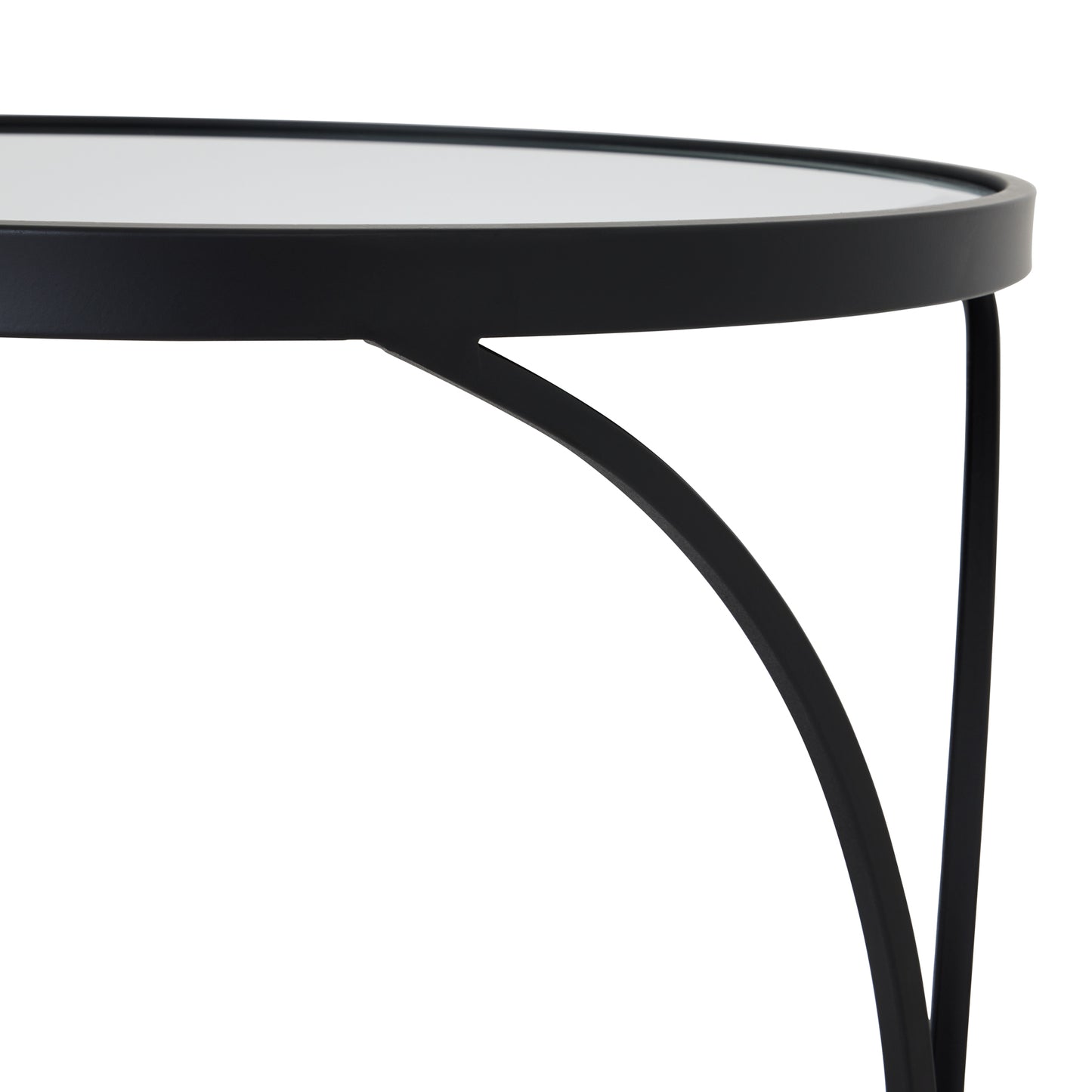 Sleek black metal side table with a concave design and reflective mirrored surface, enhancing elegance and depth in any space.