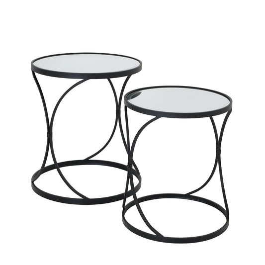 Set of two black mirrored side tables featuring sleek metal frameworks and reflective surfaces, ideal for enhancing modern interiors.
