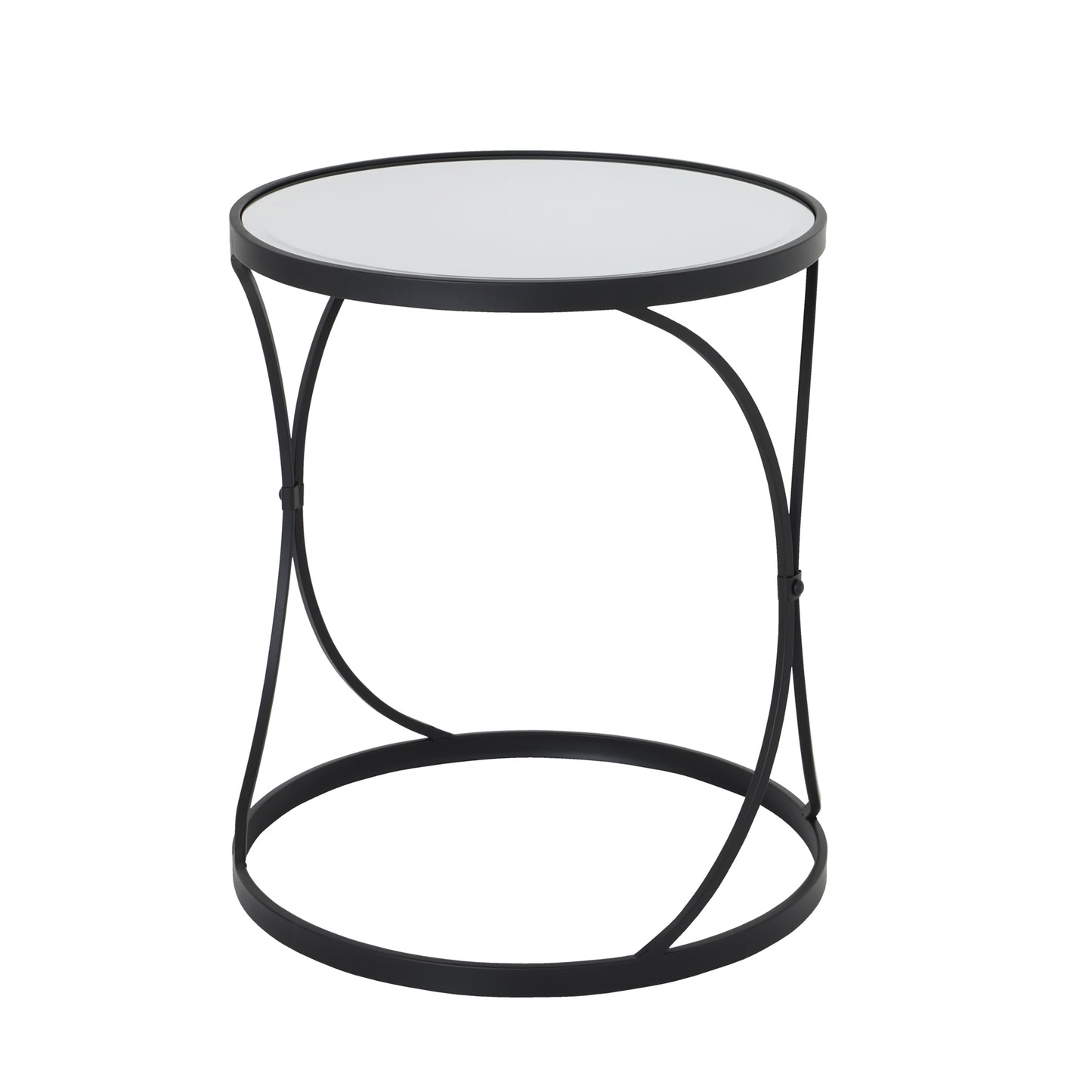 Sleek black metal side table with a mirrored top, featuring a minimalist nesting design for versatile interior elegance.