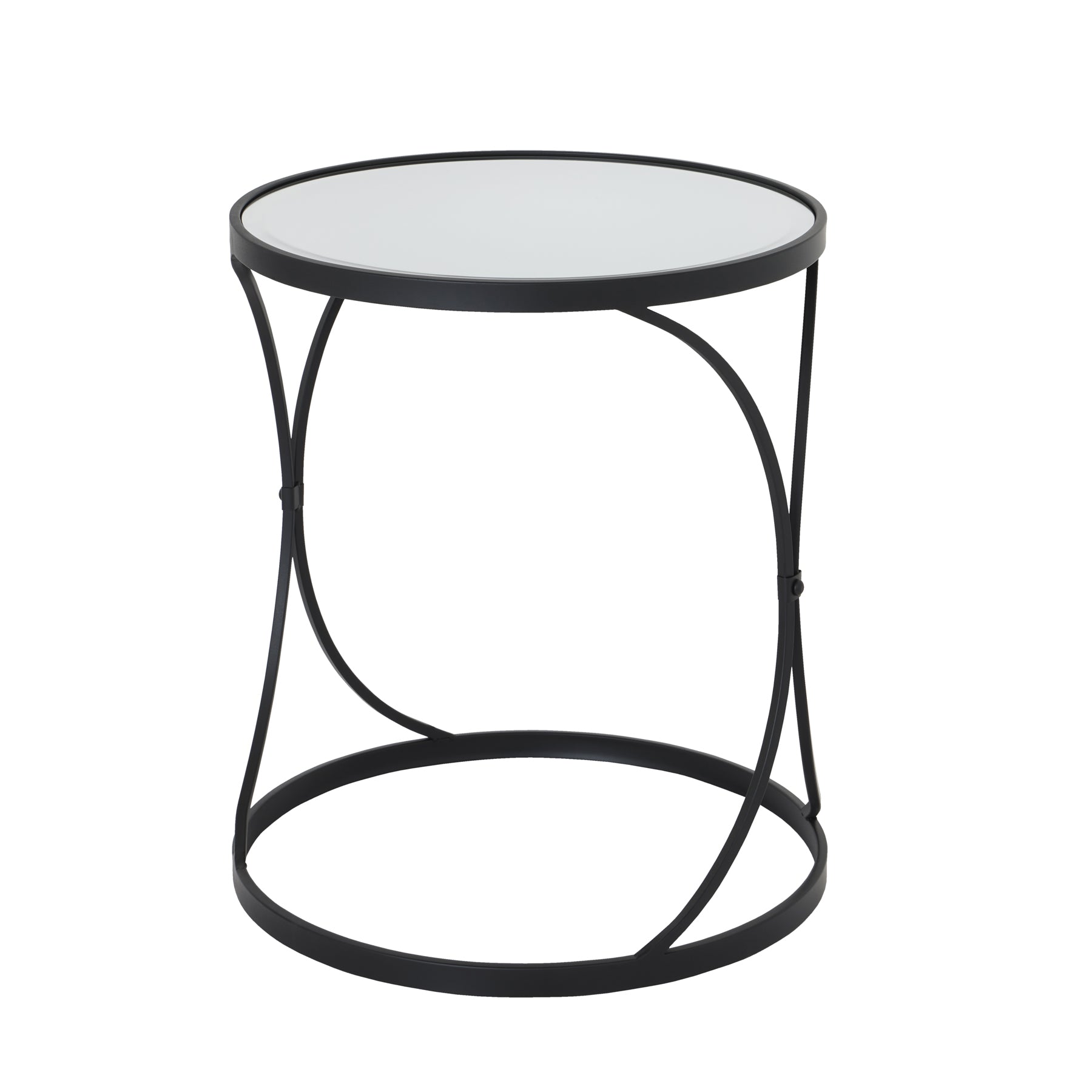 Sleek black metal side table with a mirrored top, featuring a minimalist nesting design for versatile interior elegance.