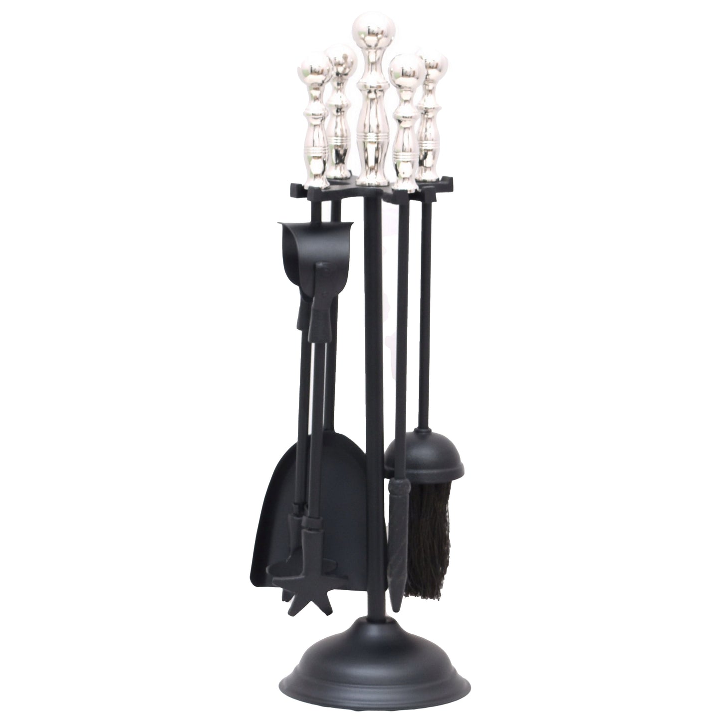 Chrome-handled companion set featuring sleek chrome accents and black tools, perfect for stylishly tending to fires.
