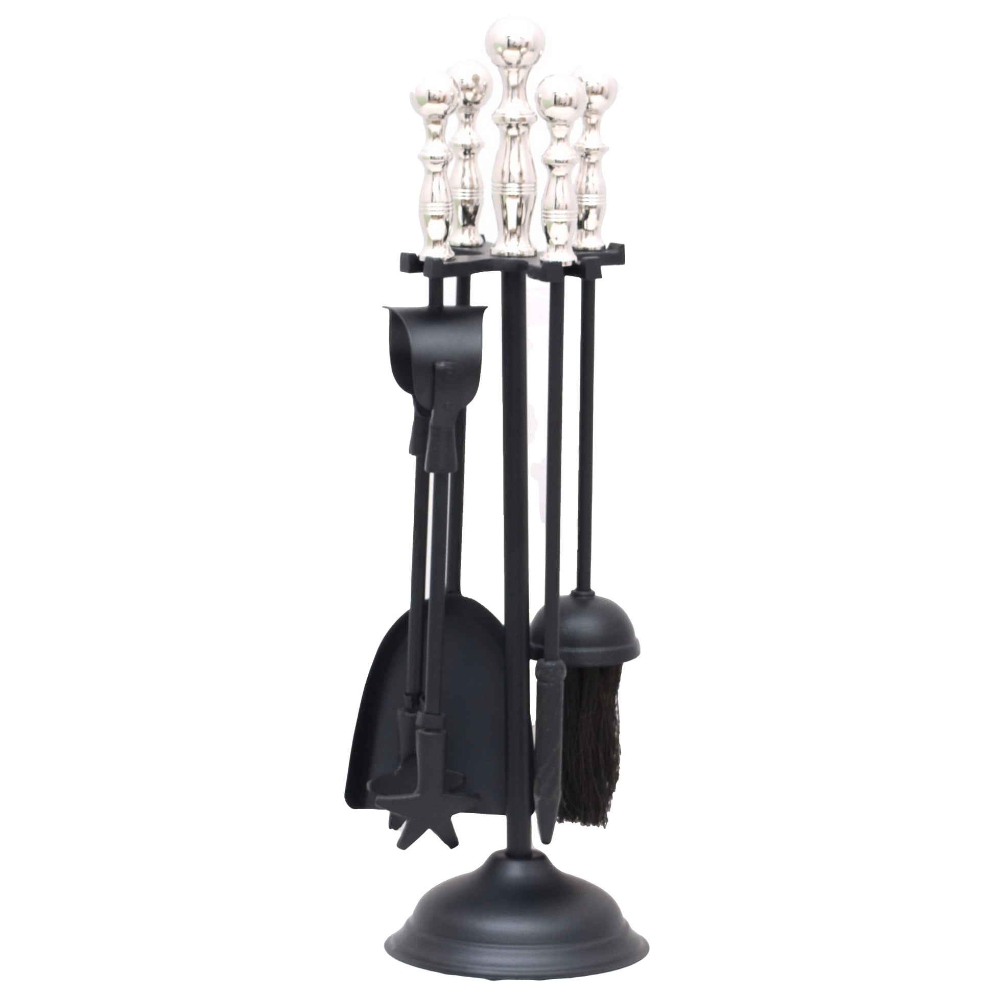 Chrome-handled companion set featuring sleek chrome accents and black tools, perfect for stylishly tending to fires.
