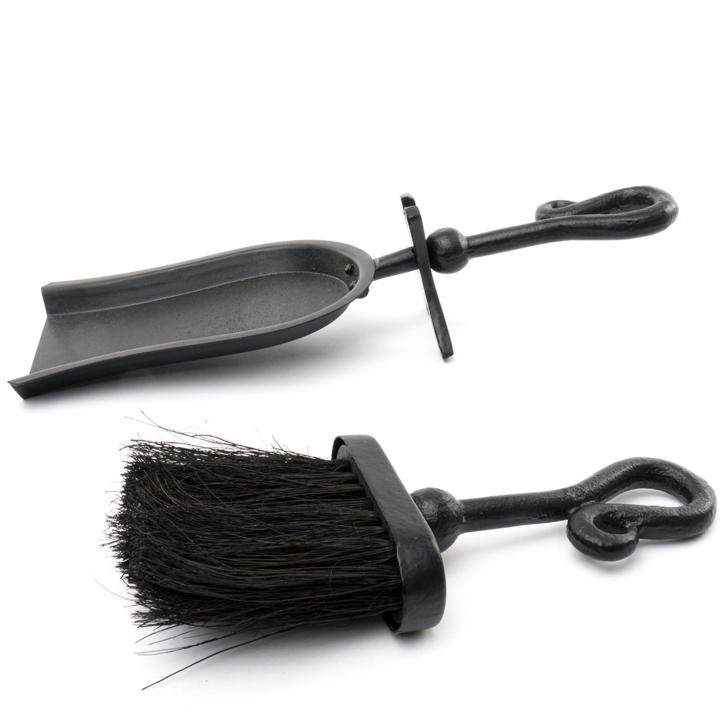 Sleek black hearth tidy set featuring a crook handle dustpan and brush, perfect for stylish fireplace maintenance.