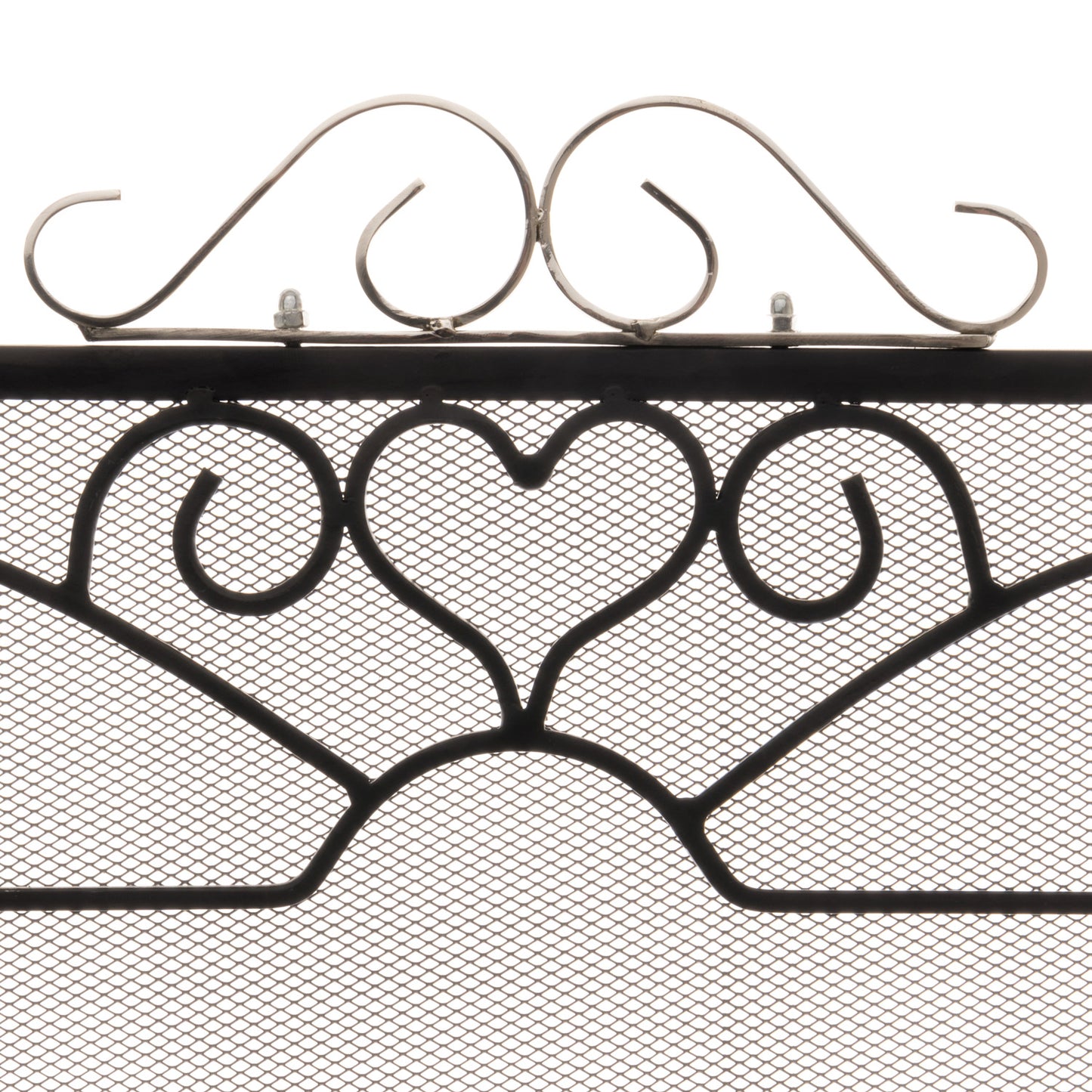 Elegant three-fold fire screen with chrome accents. Features intricate heart and swirl designs in black mesh, enhancing fireplace aesthetics.