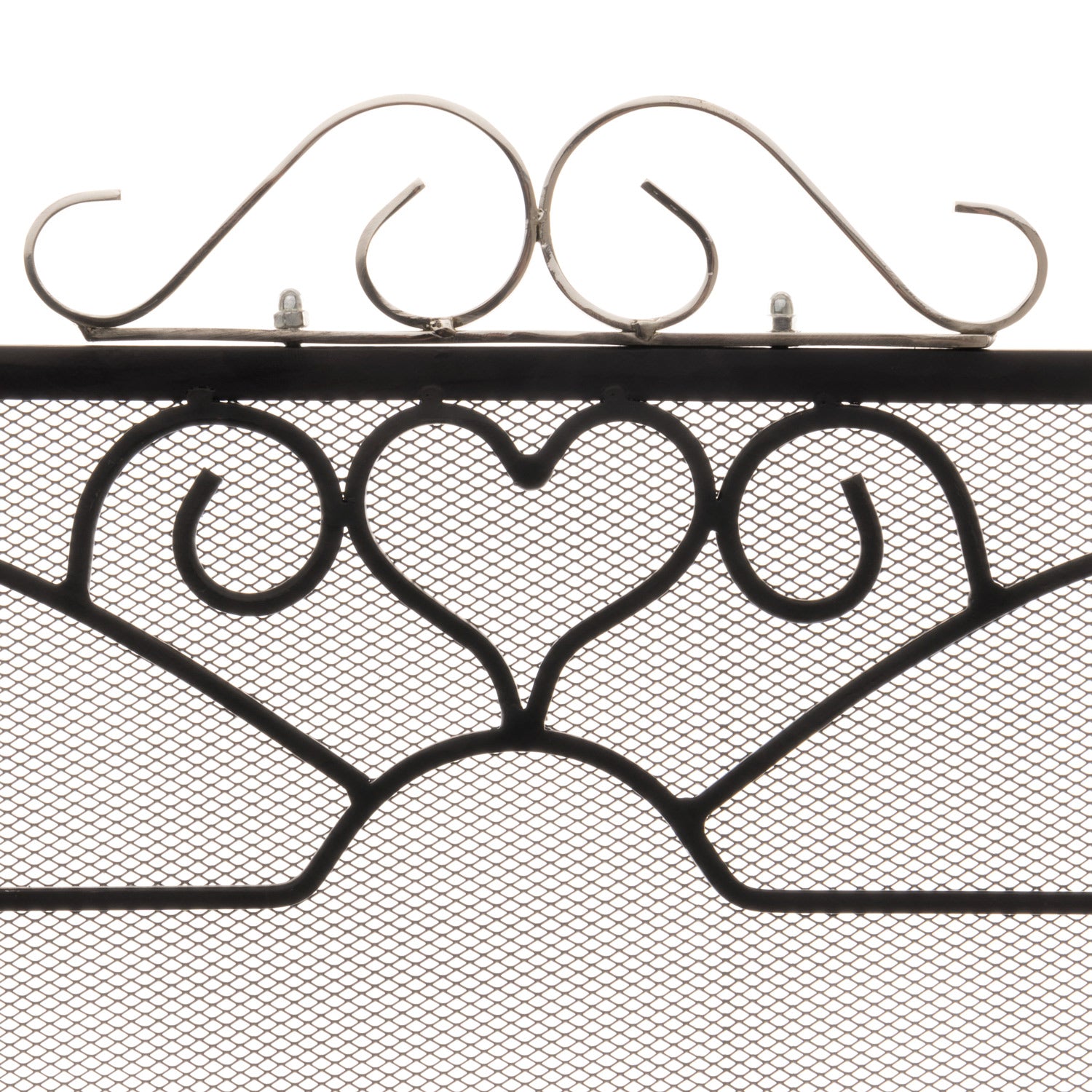 Elegant three-fold fire screen with chrome accents. Features intricate heart and swirl designs in black mesh, enhancing fireplace aesthetics.