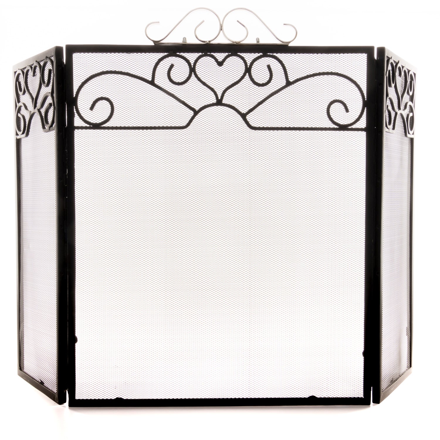 Three-fold fire screen with elegant black metal design and intricate accents, enhancing fireplace aesthetics and safety.