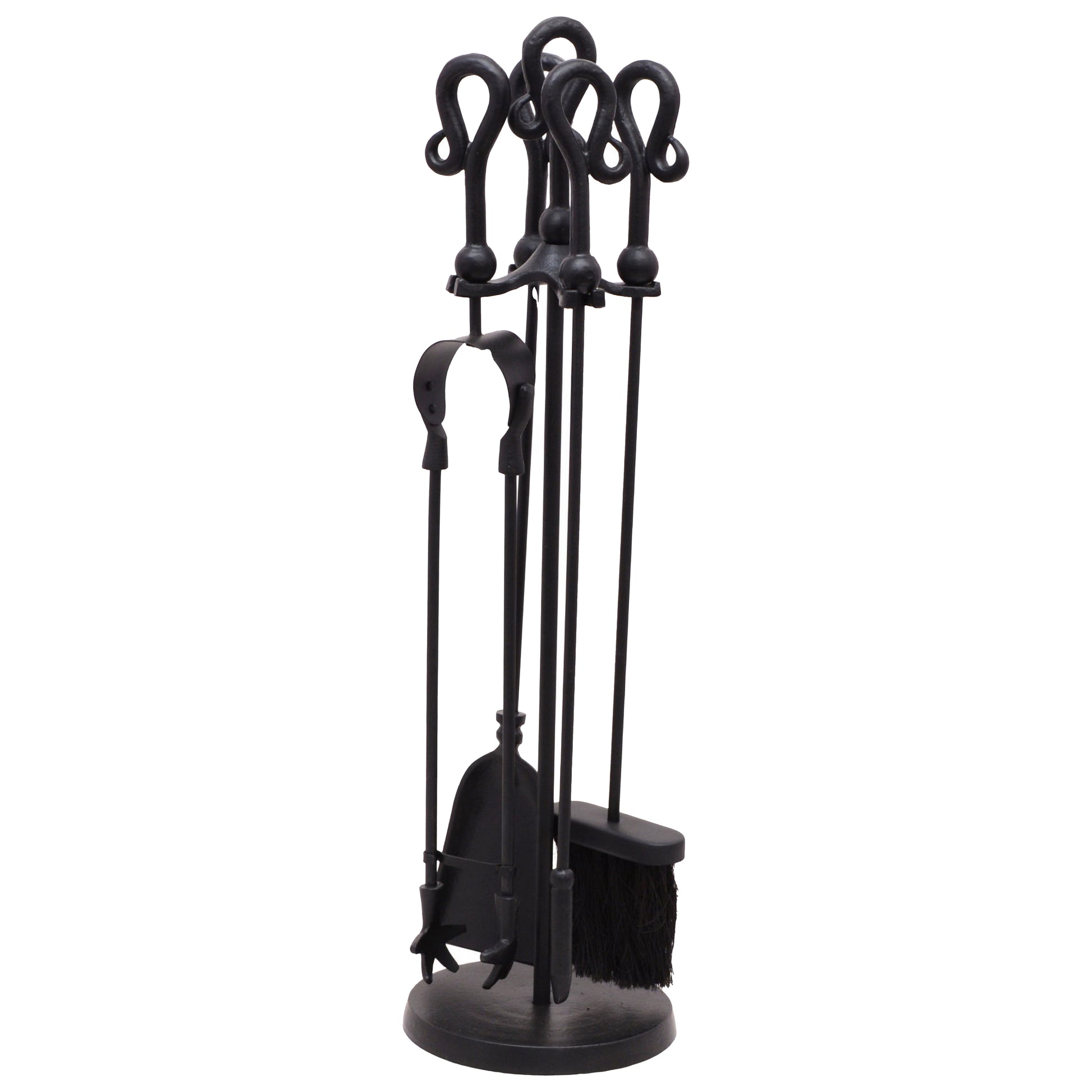Sleek black fireside companion set featuring a unique crook top design with tools for cleaning and fireplace maintenance.