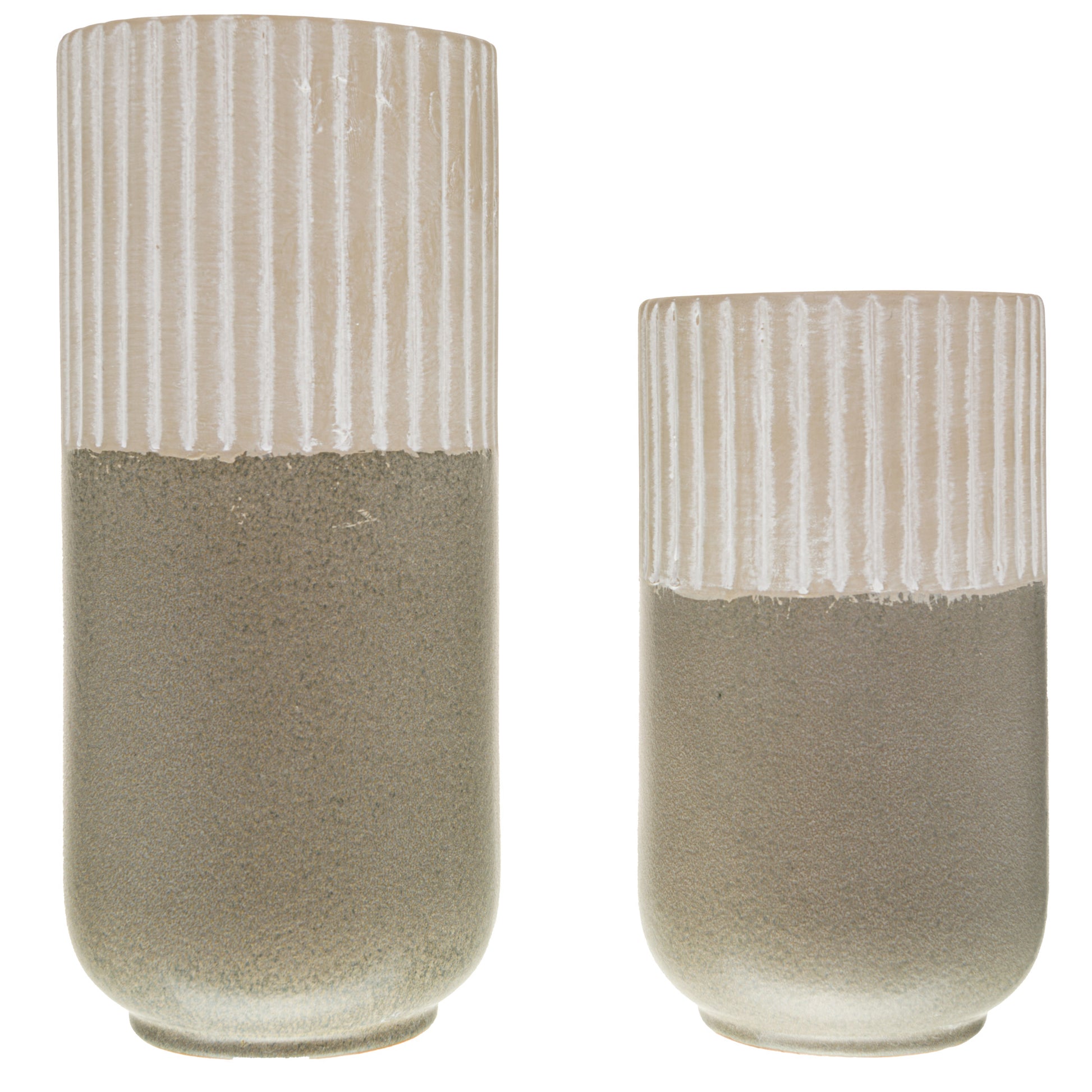 Grey ceramic vases with ribbed tops and smooth bases, showcasing modern minimalism and subtle texture for elegant decor.